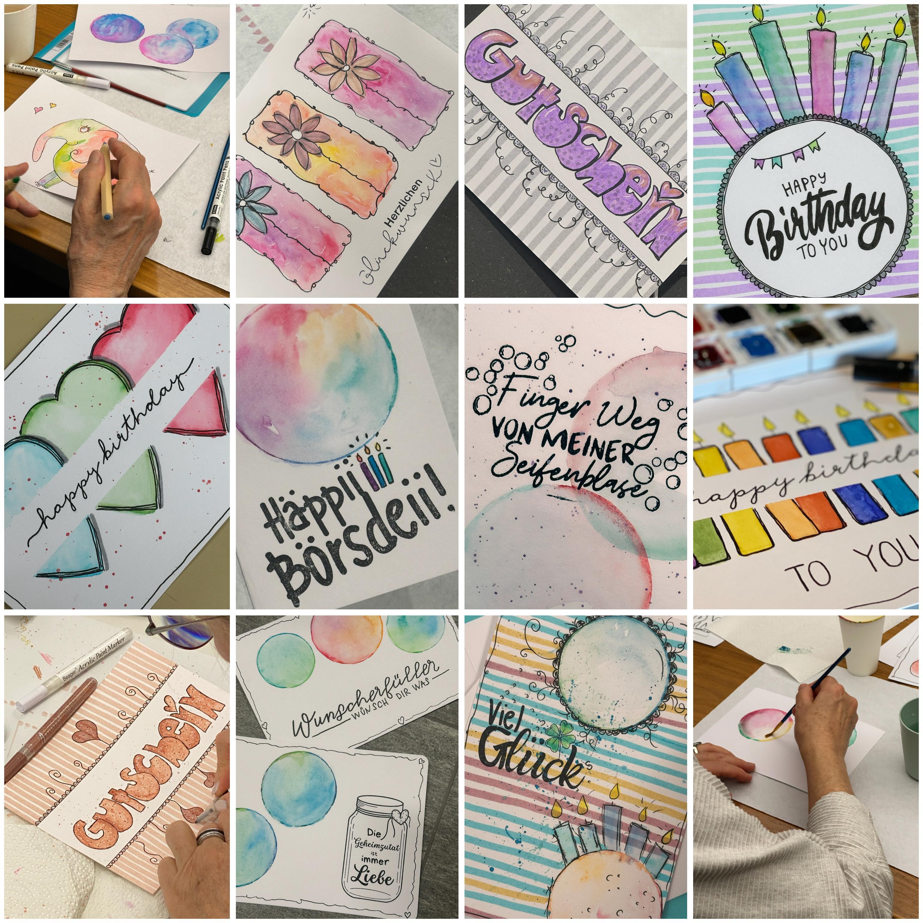Aquarellkarten mit kreativen Schriftzügen